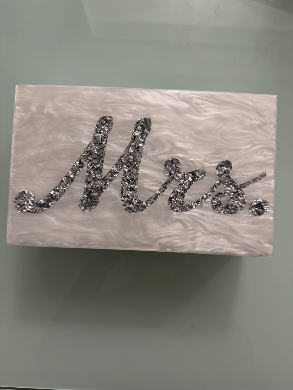 Edie Parker Pearl White Acrylic Cosmetic Case with Silver 'Mrs.' Script